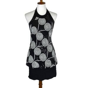 Caché Black White Y2K Glam 90s Sequin Swirl Bubble Hem Halter Mini Dress Size 8
